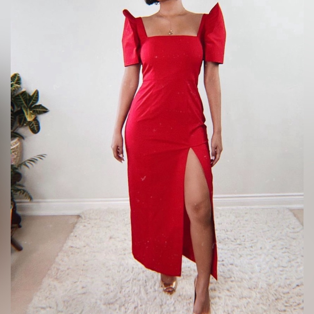 VINTA Gallery | Filipinana - Red Sheath Terno Dress with Slit
